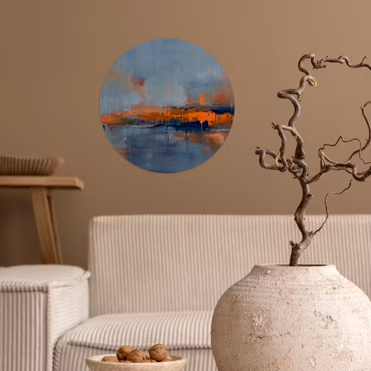 Abstract - Kleuren - Modern - Oranje - Grijs Wandcirkel behangsticker klein -sfeer1