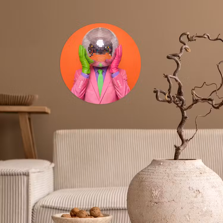 Kunst - Disco bal - Kleurrijk - Modern - Studio Wandcirkel behangsticker klein -sfeer1