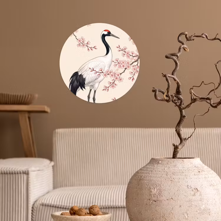 Aziatisch - Kraanvogel - Beige Wandcirkel behangsticker klein -sfeer1