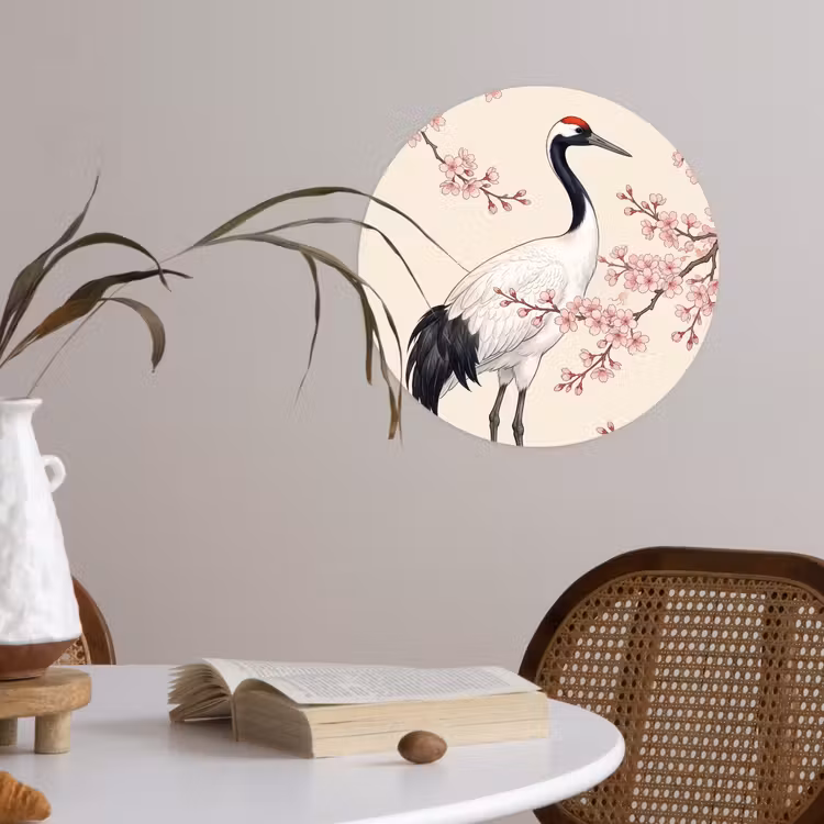 Aziatisch - Kraanvogel - Beige Wandcirkel behangsticker klein -sfeer3
