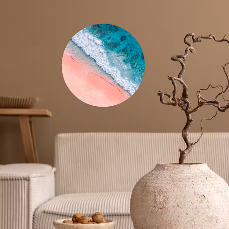 Strand - Oceaan - Golven - Roze Zand - Natuur Wandcirkel behangsticker klein -sfeer1