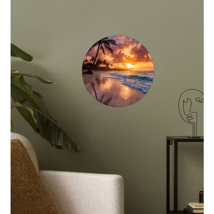 Strand - Zonsopgang - Tropisch - Natuur - Oranje Wandcirkel behangsticker klein -sfeer2