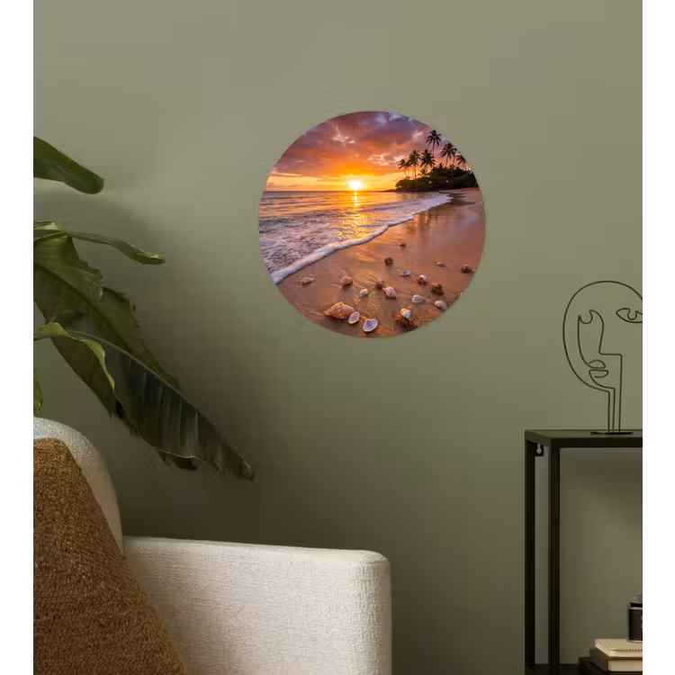 Strand - Zonsondergang - Palmbomen - Natuur - Oranje Wandcirkel behangsticker klein -sfeer2