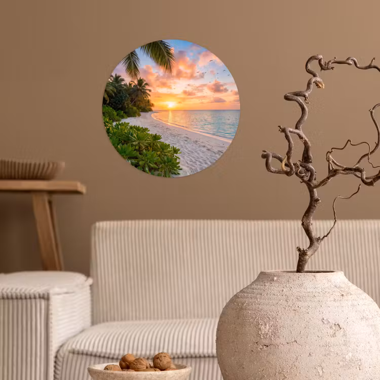 Strand - Zonsondergang - Palmbomen - Tropisch - Natuur Wandcirkel behangsticker klein -sfeer1