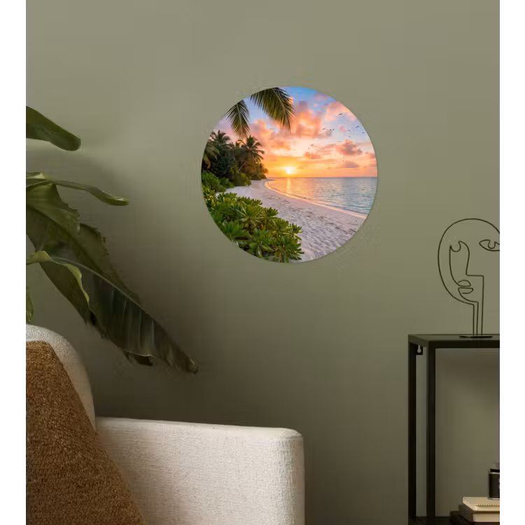 Strand - Zonsondergang - Palmbomen - Tropisch - Natuur Wandcirkel behangsticker klein -sfeer2