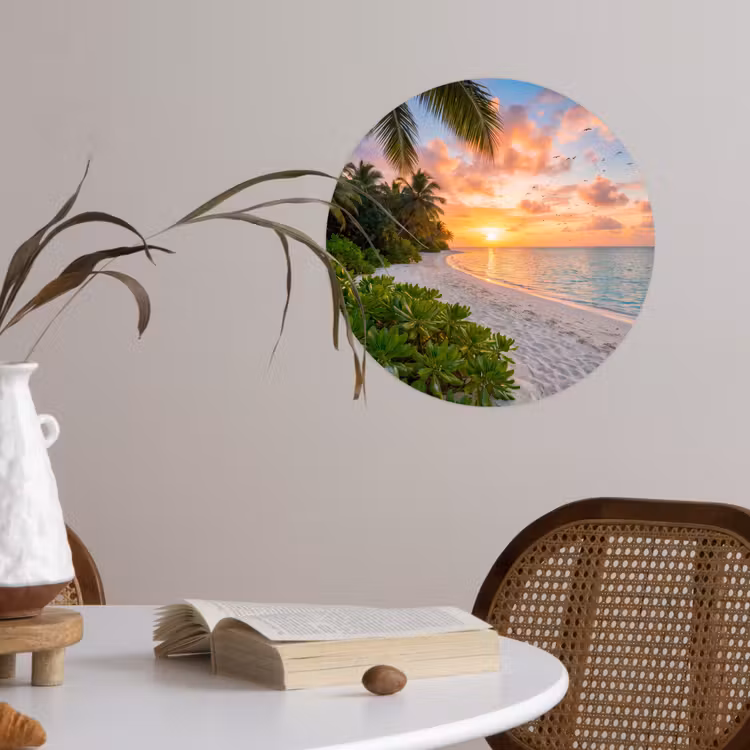 Strand - Zonsondergang - Palmbomen - Tropisch - Natuur Wandcirkel behangsticker klein -sfeer3