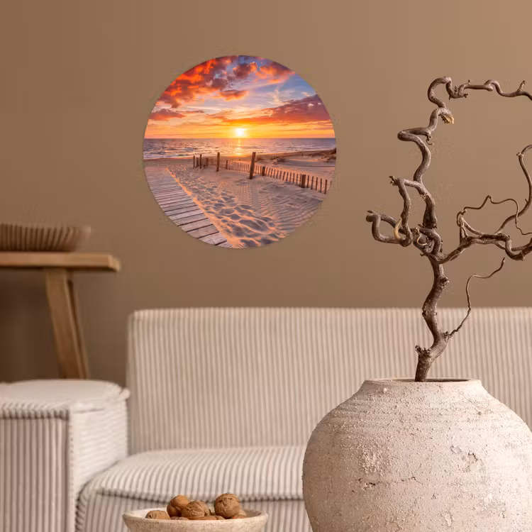 Strand - Zonsondergang - Zee - Natuur - Oranje Wandcirkel behangsticker klein -sfeer1
