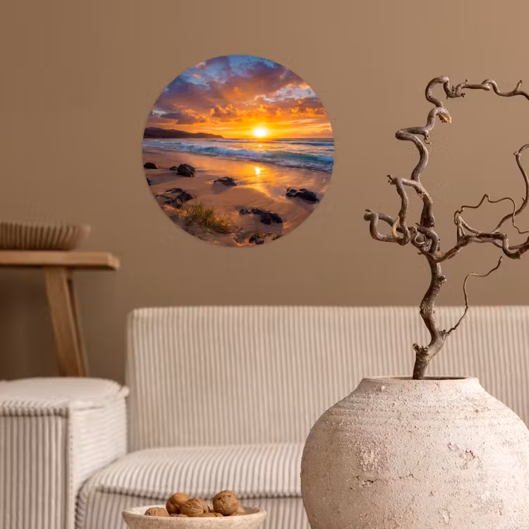 Strand - Zonsondergang - Golven - Natuur - Oranje Wandcirkel behangsticker klein -sfeer1