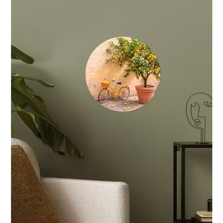 Fiets - Mand - Eten - Geel - Zomer Wandcirkel behangsticker klein -sfeer2