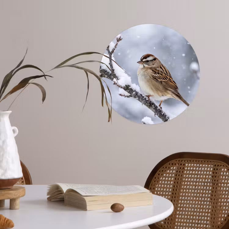 Vogel - Tak - Sneeuw - Winter Wandcirkel behangsticker klein -sfeer3