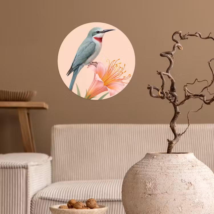 Vogel - Bloem - Natuur - Roze Wandcirkel behangsticker klein -sfeer1