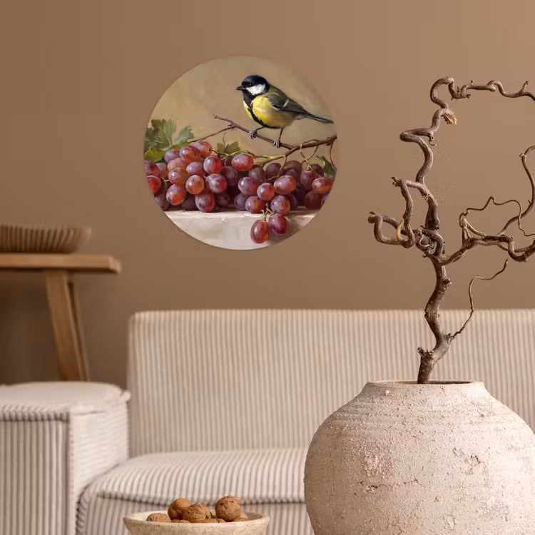 Wallpaper Circle - Bird - Grapes - Still Life - Vogel - Druiven - Stilleven Wandcirkel behangsticker klein