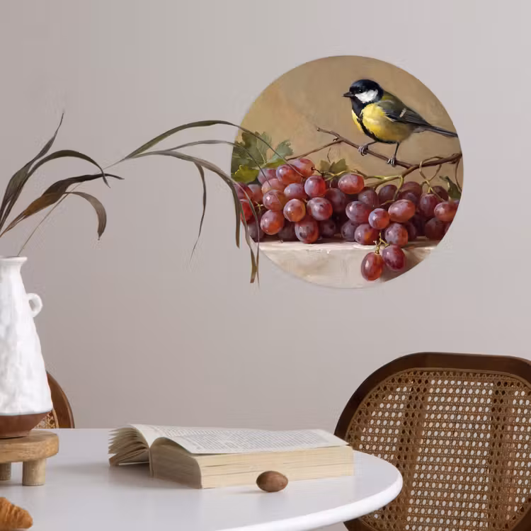 Wallpaper Circle - Bird - Grapes - Still Life - Vogel - Druiven - Stilleven Wandcirkel behangsticker klein
