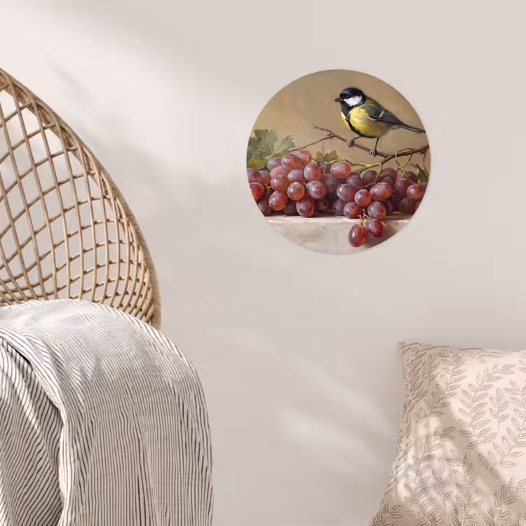 Wallpaper Circle - Bird - Grapes - Still Life - Vogel - Druiven - Stilleven Wandcirkel behangsticker klein