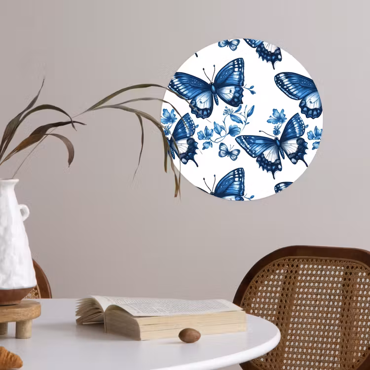 Blauw - Vlinders - Bloemen - Wit Wandcirkel behangsticker klein 186 -sfeer3