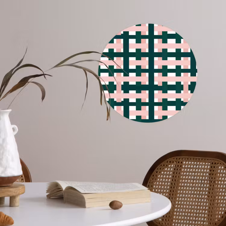 Vlechtpatroon - Groen - Roze - Grafisch Wandcirkel behangsticker klein 186 -sfeer3