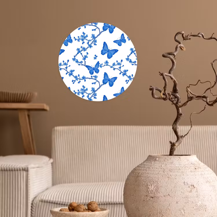 Vlinder - Bloemen - Blauw Wandcirkel behangsticker klein 186 -sfeer1