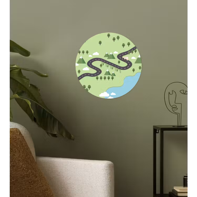 Auto - Bergweg - Natuur - Illustratie Wandcirkel behangsticker klein -sfeer2