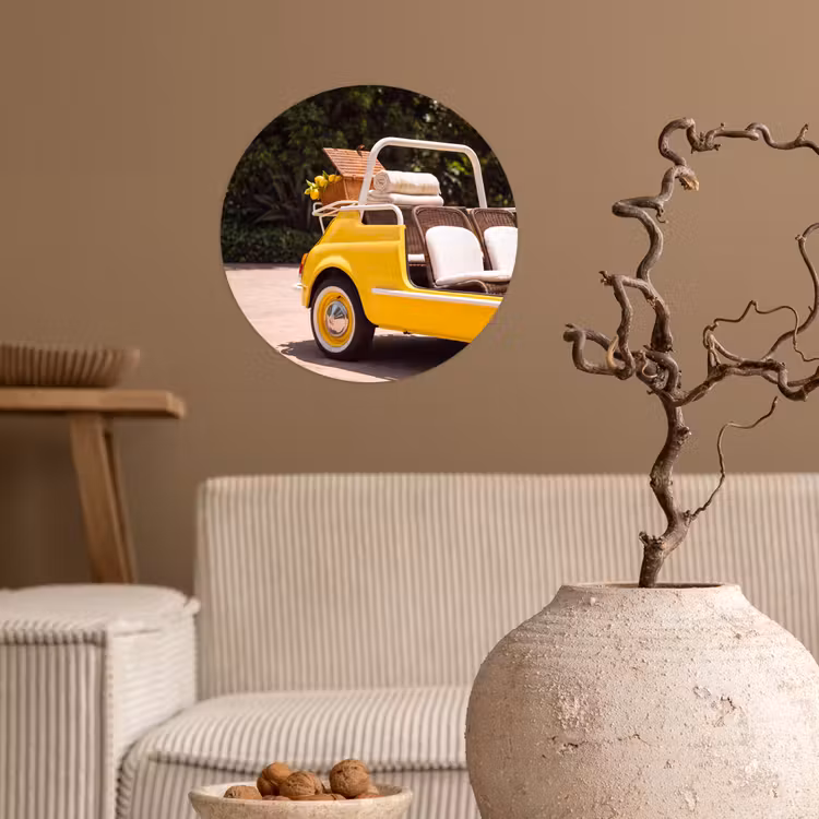 Auto - Picknick - Zomer - Geel Wandcirkel behangsticker klein -sfeer1