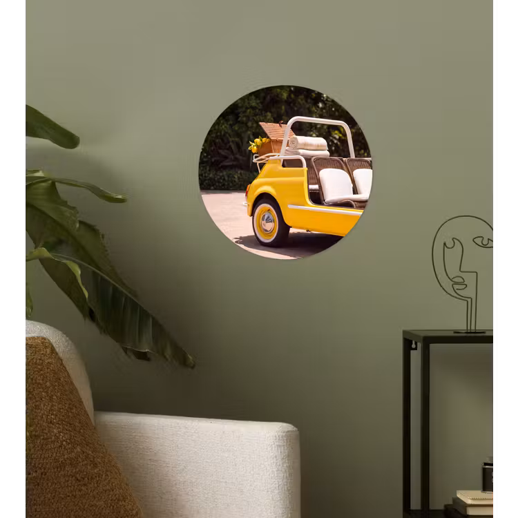 Auto - Picknick - Zomer - Geel Wandcirkel behangsticker klein -sfeer2
