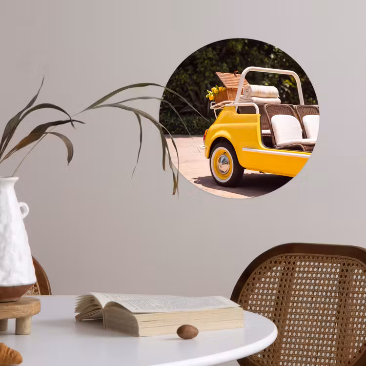 Auto - Picknick - Zomer - Geel Wandcirkel behangsticker klein -sfeer3
