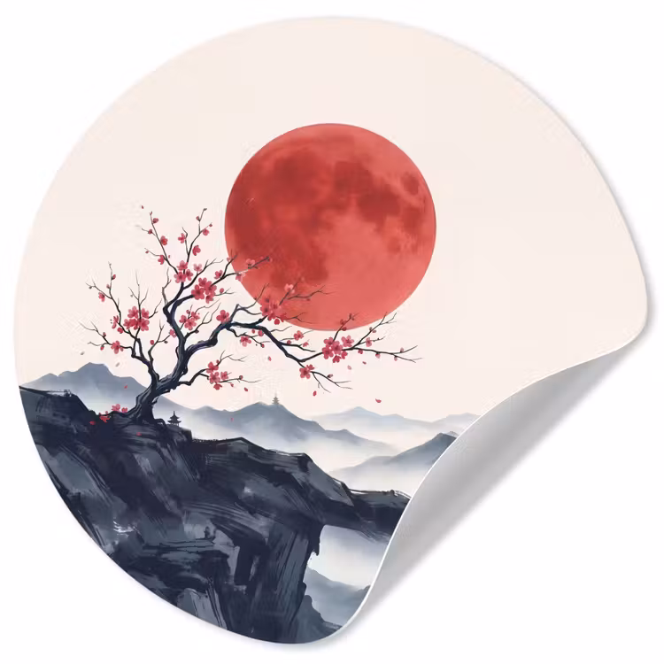 Kersenbloesem - Oosters - Rood Wandcirkel behangsticker klein -3d