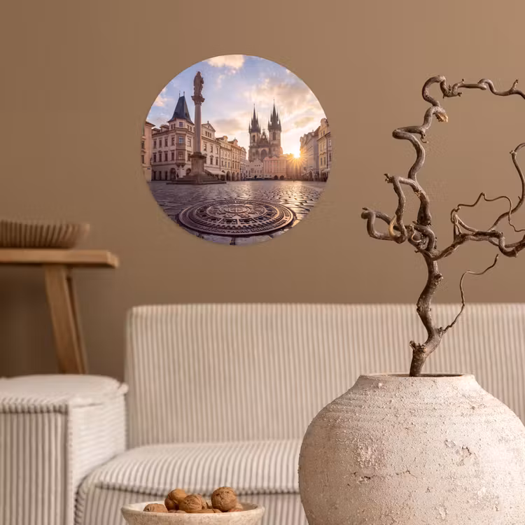 Stad - Praag - Ochtend - Architectuur - Goud Wandcirkel behangsticker klein -sfeer1