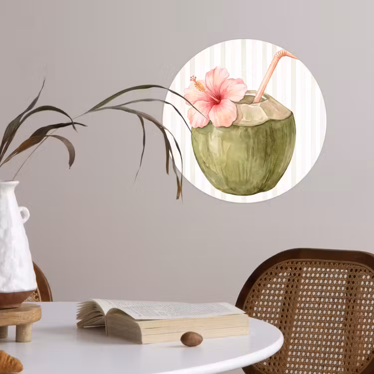 Kokosnoot - Drank - Tropisch - Illustratie - Zomer Wandcirkel behangsticker klein -sfeer3