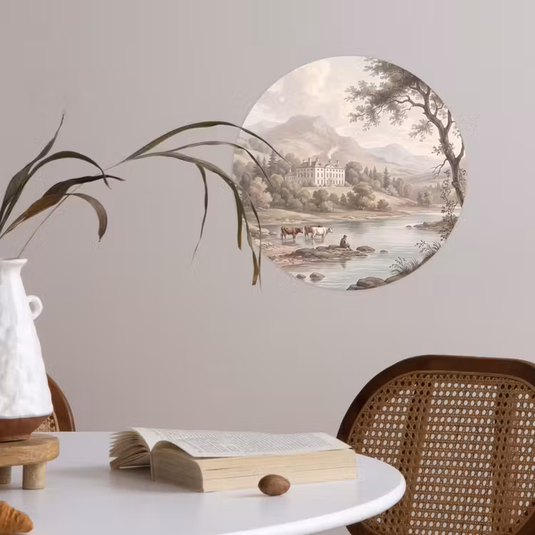 Landhuis - Rivier - Vee Wandcirkel behangsticker klein -sfeer3