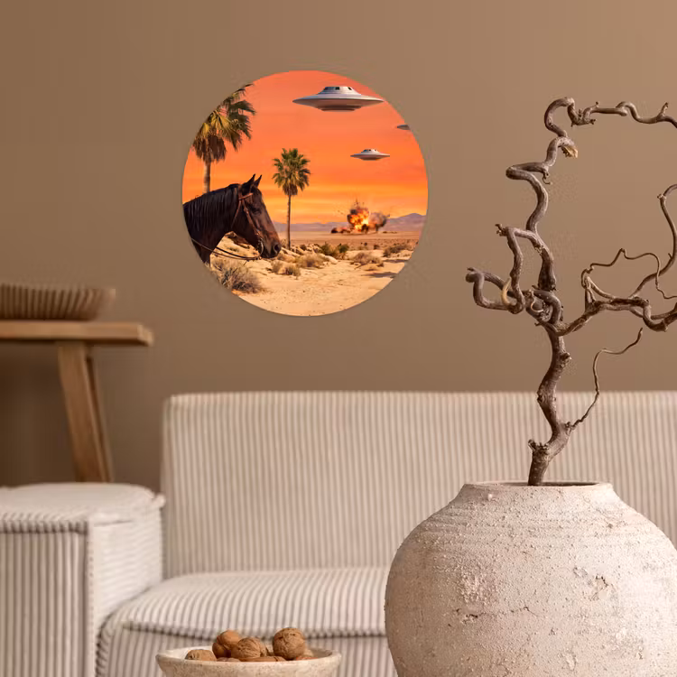 Wallpaper Circle - Cowboy - Horse - Desert - Cowboy - Paard - Woestijn Wandcirkel behangsticker klein
