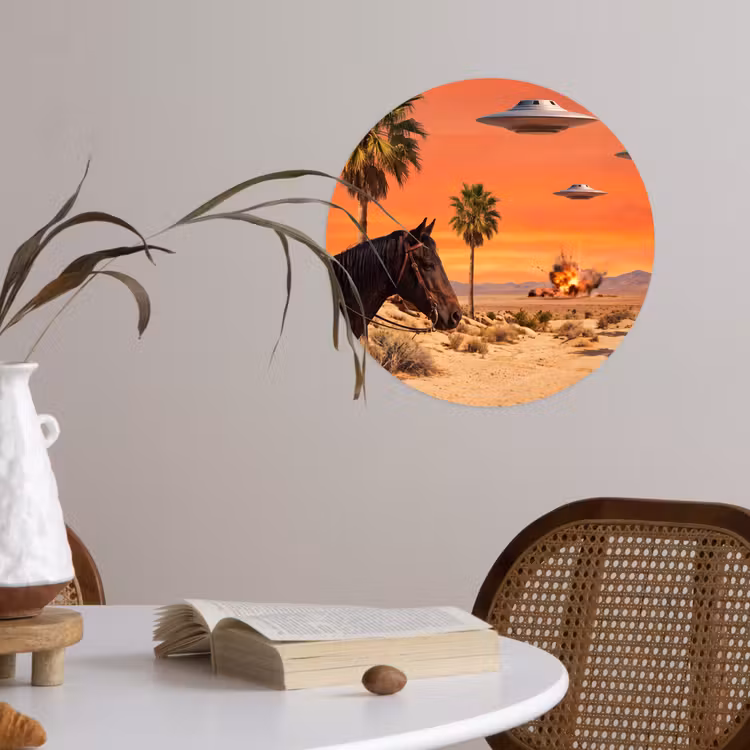 Wallpaper Circle - Cowboy - Horse - Desert - Cowboy - Paard - Woestijn Wandcirkel behangsticker klein