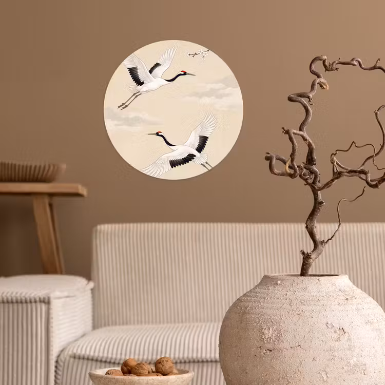 Kraanvogels - Bloesem - Beige Wandcirkel behangsticker klein -sfeer1