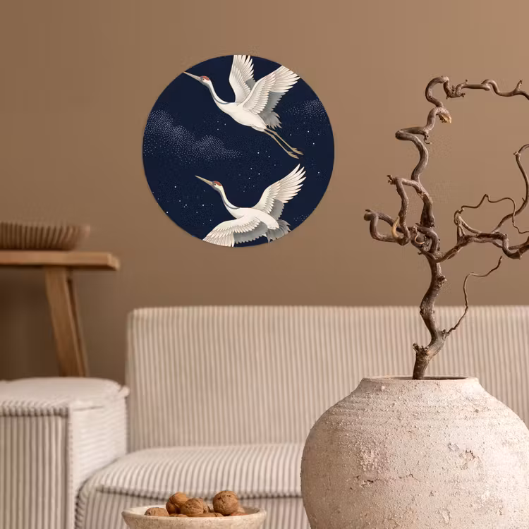 Kraanvogels - Nachthemel - Blauw Wandcirkel behangsticker klein -sfeer1