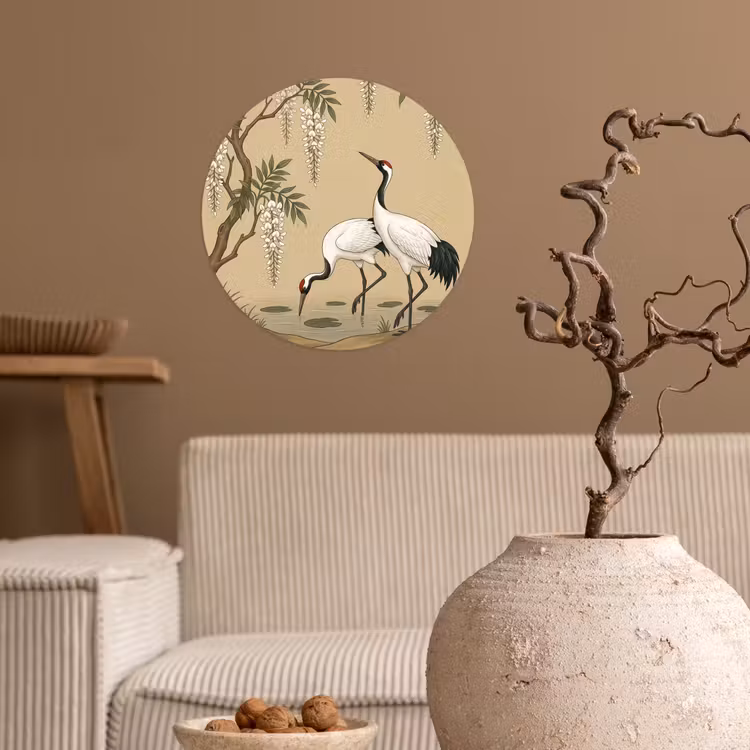 Kraanvogels - Water - Beige Wandcirkel behangsticker klein -sfeer1