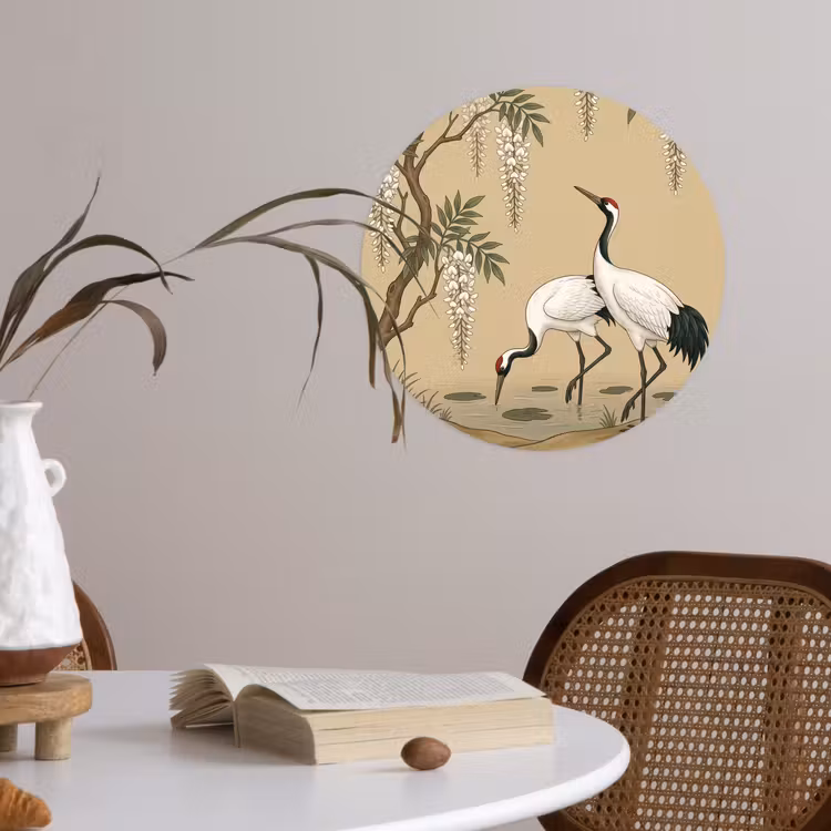 Kraanvogels - Water - Beige Wandcirkel behangsticker klein -sfeer3