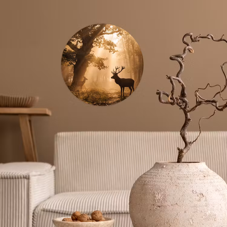 Hert - Bos - Mistig - Natuur - Goud Wandcirkel behangsticker klein -sfeer1