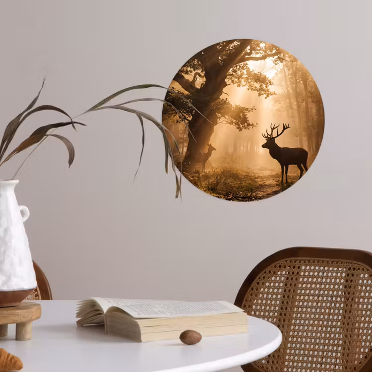 Hert - Bos - Mistig - Natuur - Goud Wandcirkel behangsticker klein -sfeer3