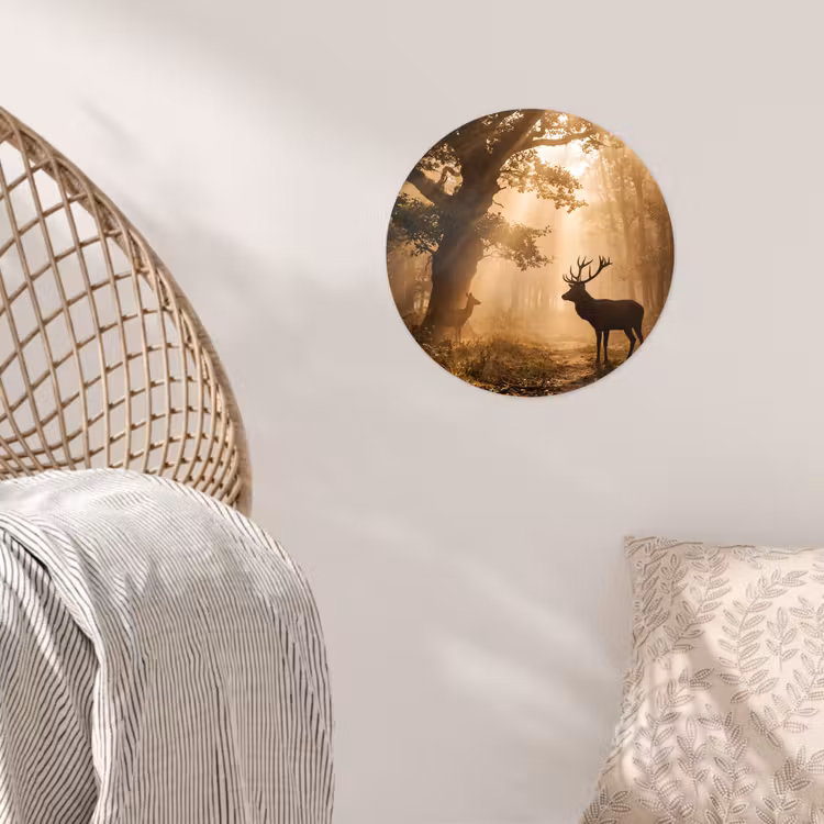 Hert - Bos - Mistig - Natuur - Goud Wandcirkel behangsticker klein -sfeer4