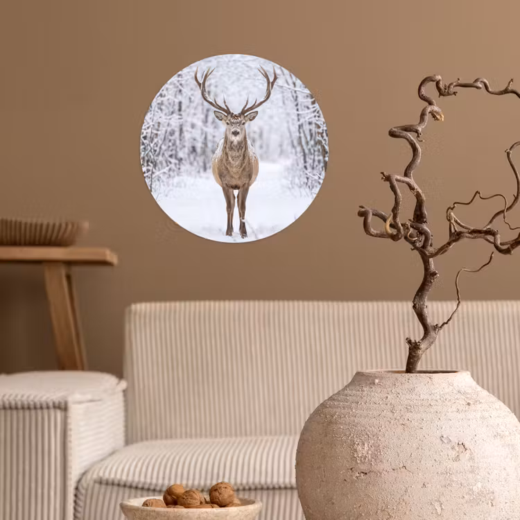 Hert - Winter - Bos - Natuur - Wit Wandcirkel behangsticker klein -sfeer1