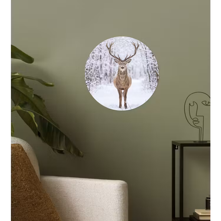 Hert - Winter - Bos - Natuur - Wit Wandcirkel behangsticker klein -sfeer2