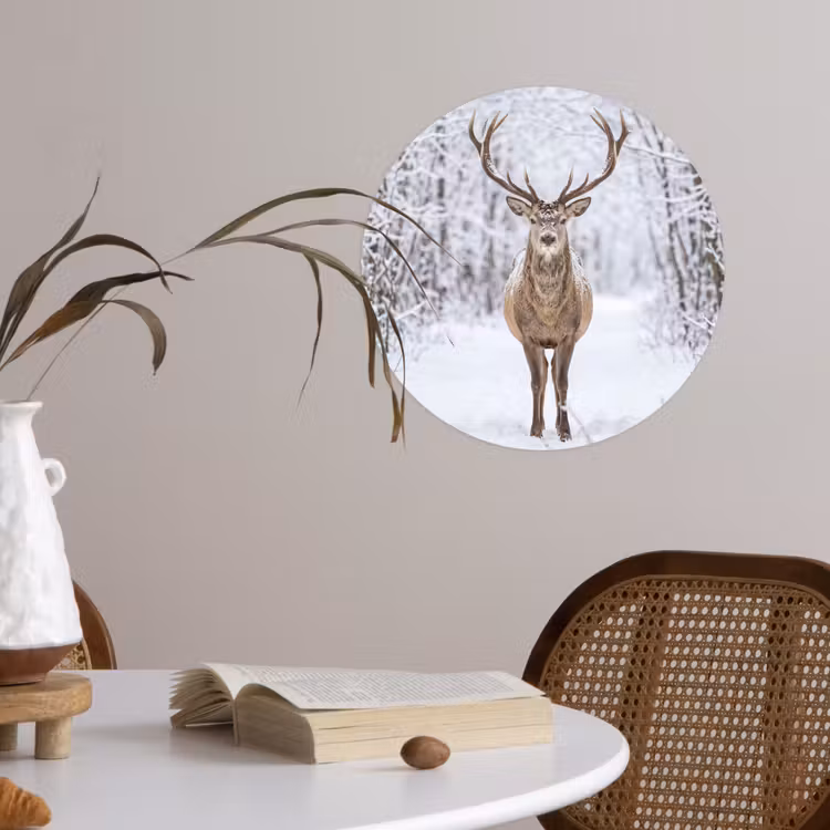 Hert - Winter - Bos - Natuur - Wit Wandcirkel behangsticker klein -sfeer3