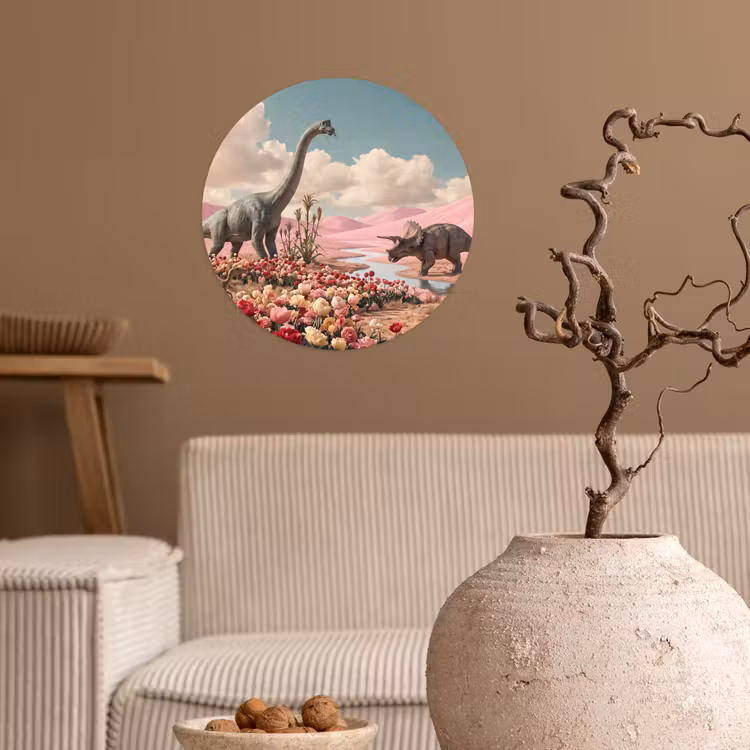 Wallpaper Circle - Dinosaur - Pink - Landscape - Dinosaurus - Roze - Landschap Wandcirkel behangsticker klein
