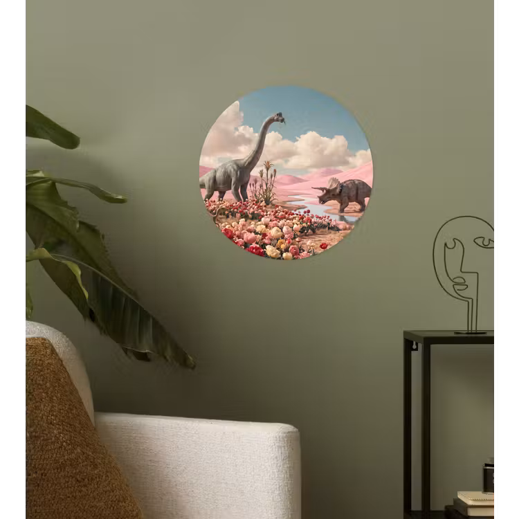 Wallpaper Circle - Dinosaur - Pink - Landscape - Dinosaurus - Roze - Landschap Wandcirkel behangsticker klein