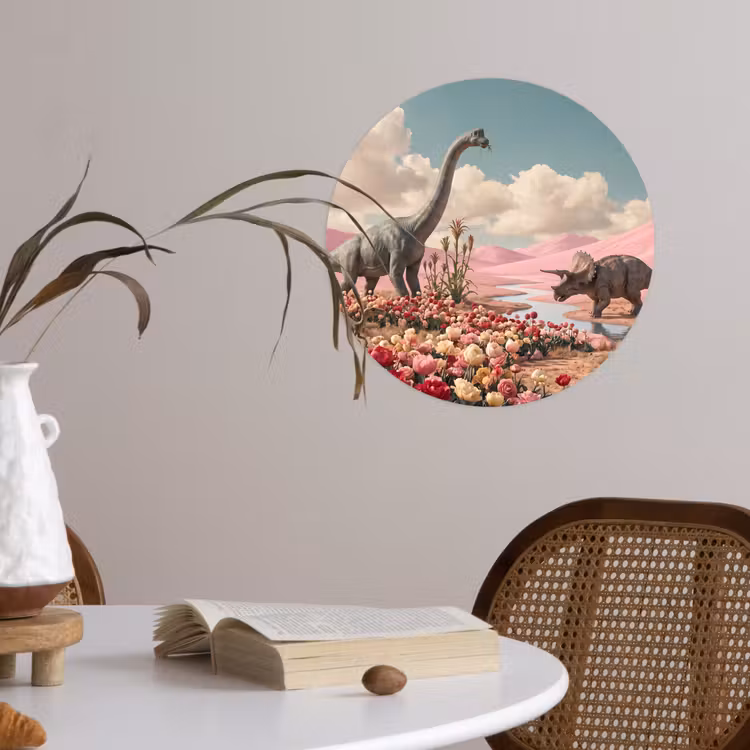 Wallpaper Circle - Dinosaur - Pink - Landscape - Dinosaurus - Roze - Landschap Wandcirkel behangsticker klein