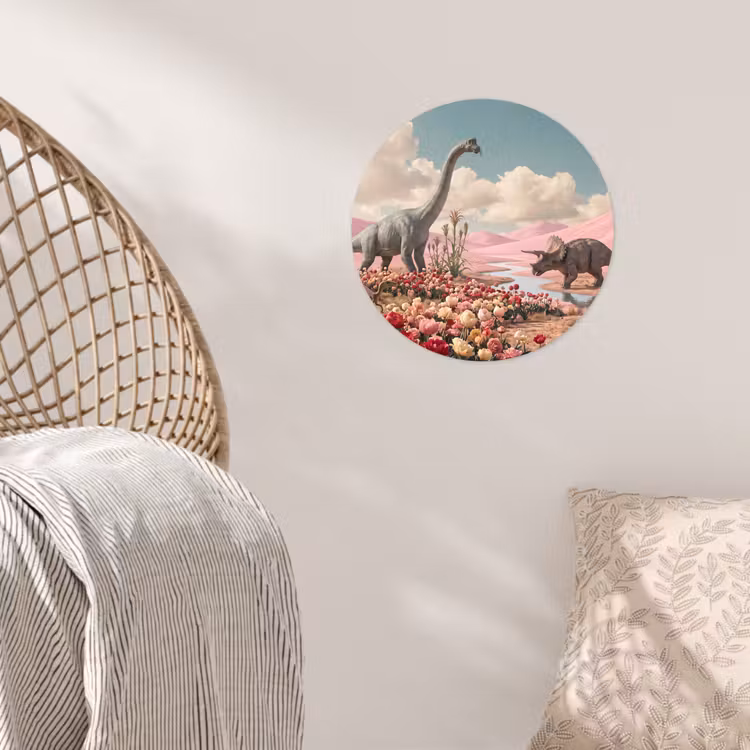 Wallpaper Circle - Dinosaur - Pink - Landscape - Dinosaurus - Roze - Landschap Wandcirkel behangsticker klein