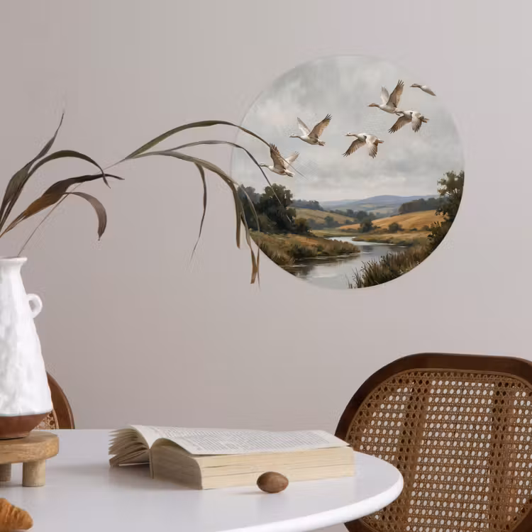 Eenden - Rivier - Landschap - Vlucht - Nostalgisch Wandcirkel behangsticker klein -sfeer3