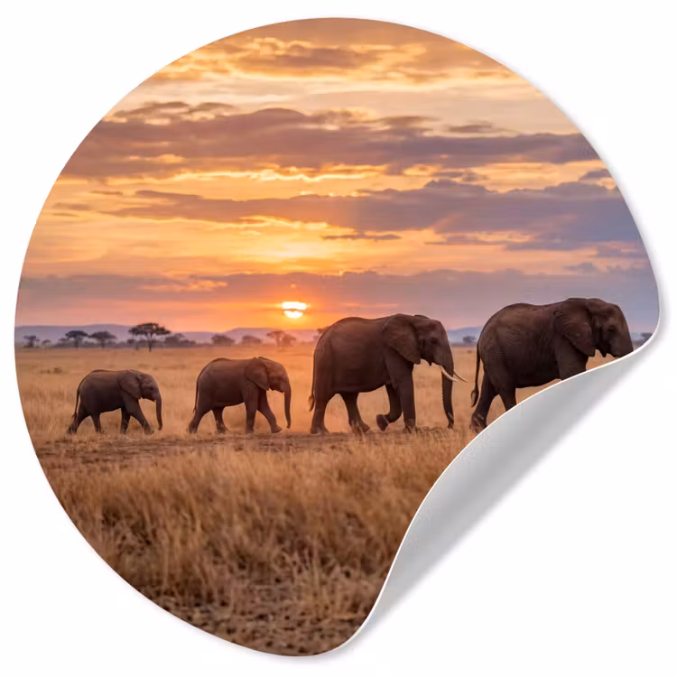 Olifanten - Savanne - Zonsondergang - Afrika - Warm Wandcirkel behangsticker klein -3d
