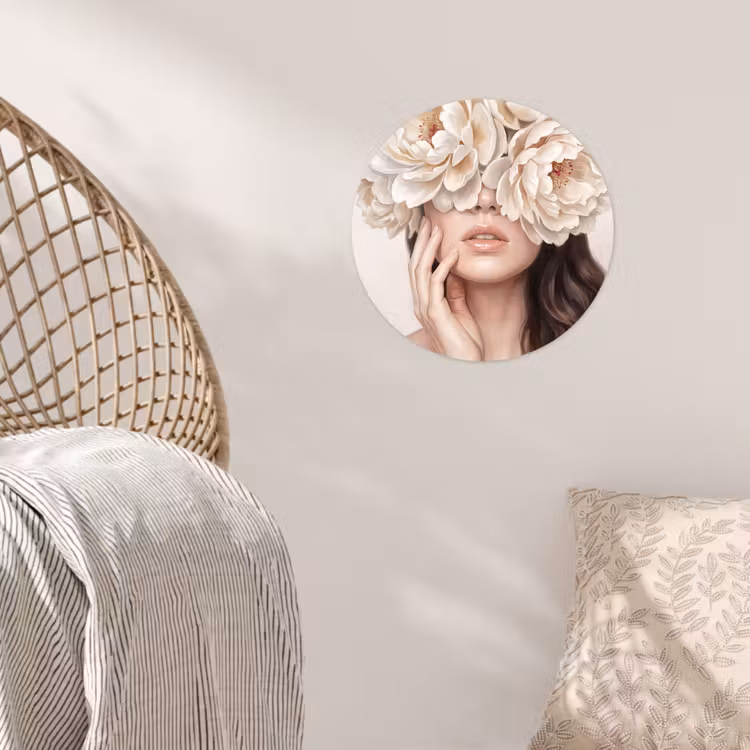 Gezicht - Pioenrozen - Crème Wandcirkel behangsticker klein -sfeer4
