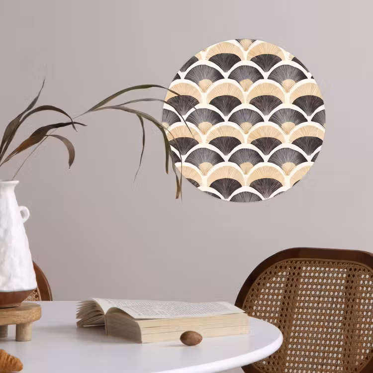 Waaier - Patroon - Zwart - Beige Wandcirkel behangsticker klein 186 -sfeer3