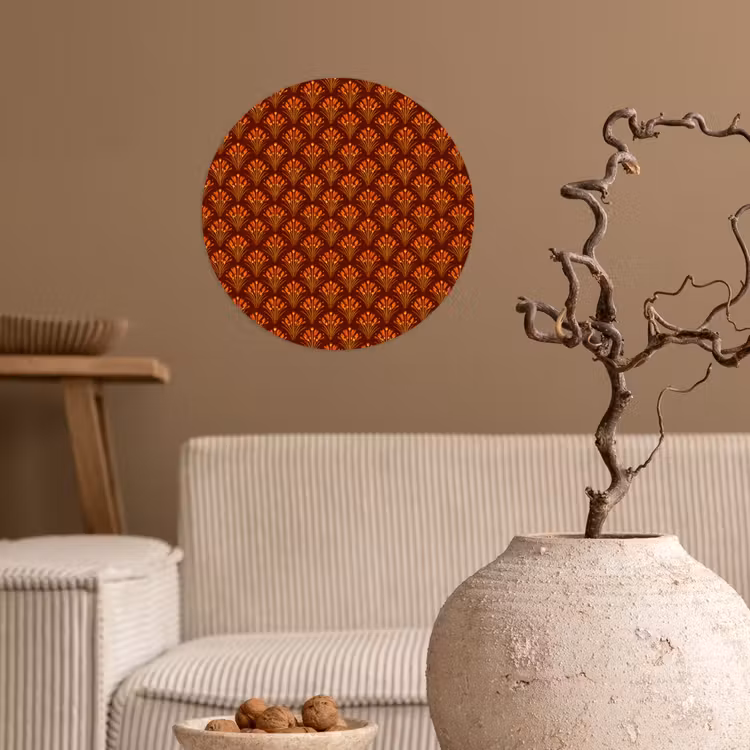 Waaiers - Art Deco - Botanisch - Roestbruin - Oranje Wandcirkel behangsticker klein 186 -sfeer1
